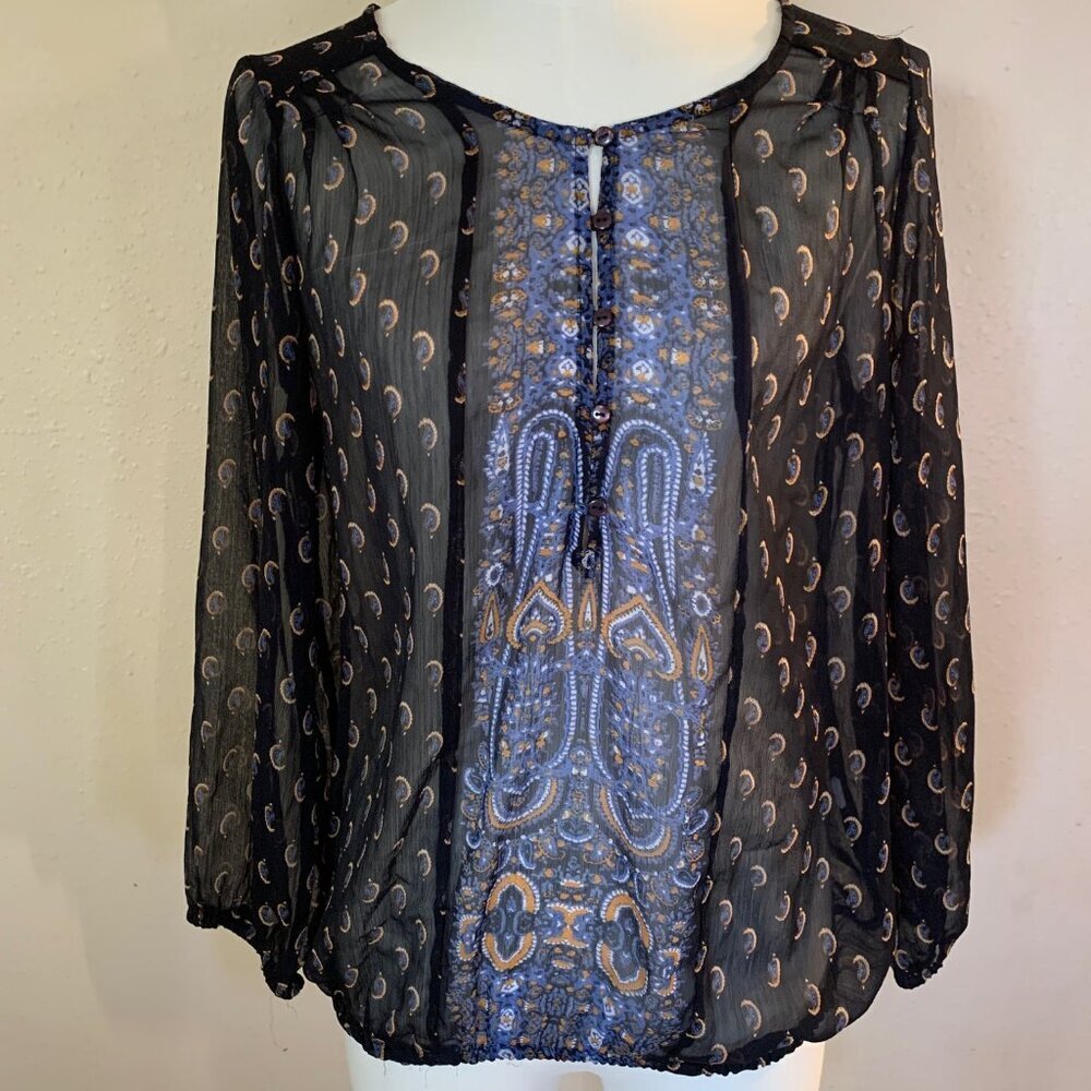 Lucky Brand women's S long sleeve semi sheer button down navy paisley blouse